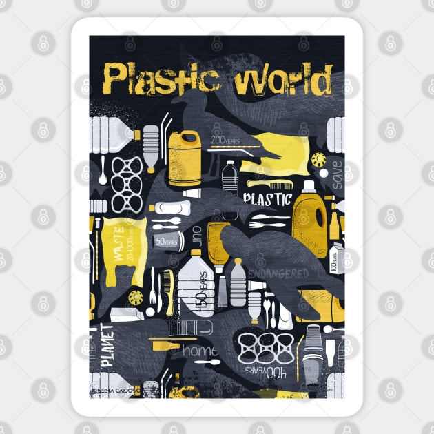 Our plastic planet // print // black background grey endangered animal species with yellow white and transparent plastic waste Sticker by SelmaCardoso